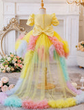 Rainbow Trailing Bubble Sleeve Tulle Princess Dress