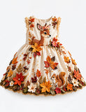 Little Deer Appliqué Maple Leaves Party Dress