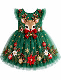 Christmas Little Reindeer Appliqué Bow Tulle Dress