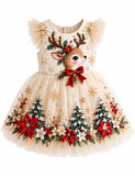Christmas Reindeer Appliqué Bow Tulle Party Dress