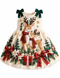 Christmas Reindeer's Family Bow Floral Party Dress