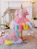 Rainbow Trailing Bubble Sleeve Tulle Princess Dress