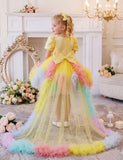 Rainbow Trailing Bubble Sleeve Tulle Princess Dress