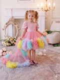 Rainbow Trailing Bubble Sleeve Tulle Princess Dress
