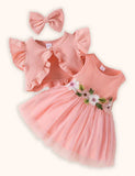 Flower Embroidered Tulle Dress + Knitted Coat Set