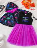 Halloween Bat Print Cape + Mesh Vest Dress Set