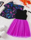 Halloween Bat Print Cape + Mesh Vest Dress Set