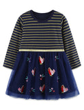 Christmas Robin Embroidered Tulle Long-sleeved Dress