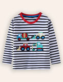 Construction Car Applique Striped Long Sleeve T-Shirt