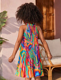 Mom and Me Fashion Color Contrasting Pattern Printing A-shaped Dress
