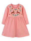 Christmas Reindeer Embroidered Long Sleeve Dress