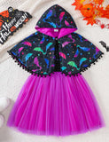 Halloween Bat Print Cape + Mesh Vest Dress Set