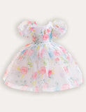 Bubble Sleeve Floral Tulle Party Dress