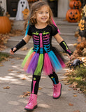 Halloween Colorful Skeleton Print Tulle Dress + Leggings + Arm Sleeves Set