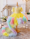 Rainbow Trailing Bubble Sleeve Tulle Princess Dress