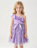Flower Embroidered Lotus Leaf Slanted Shoulder Suspender Dress