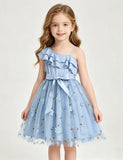 Flower Embroidered Lotus Leaf Slanted Shoulder Suspender Dress