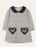 Flower and Bird Embroidered Striped Long-Sleeved Dress - Mini Taylor
