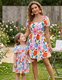 Mom and Me Floral Printed Bubble Sleeve Dress