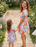 Mom and Me Floral Printed Bubble Sleeve Dress