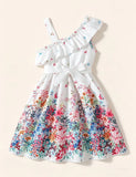 Color Slanted Shoulder Suspender Full Flower Dress