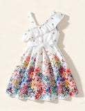 Color Slanted Shoulder Suspender Full Flower Dress