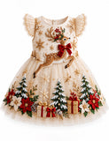 Christmas Reindeer Embroidery Snowy Forest Tulle Party Dress
