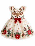 Christmas Reindeer Appliqué Bow Tulle Party Dress